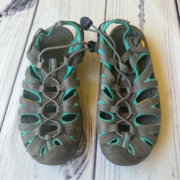 KEEN Whisper Hiking Water Sandals Grey/Peacock Green Bungee Lace Women's Size 7 - Picture 1 of 7